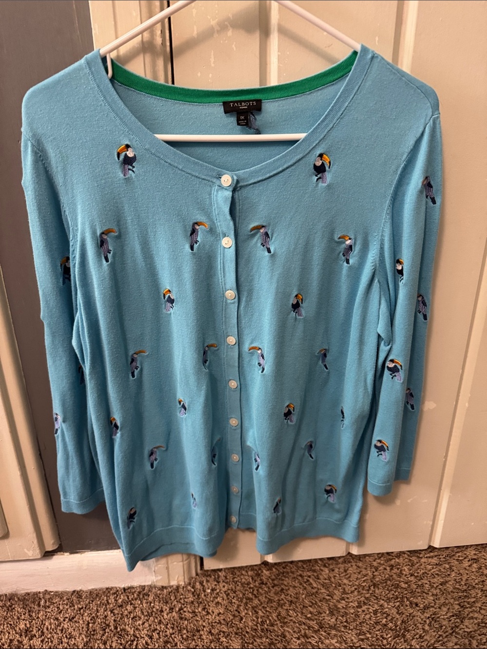 Talbots Sky Blue Toucan Embroidered Button Cardigan